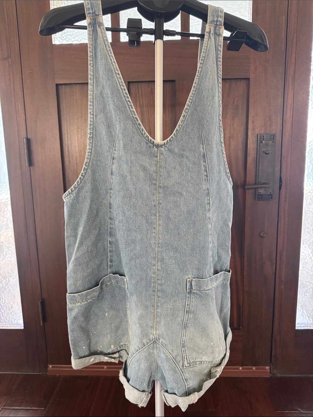Free People Light Wash Denim Short Overalls